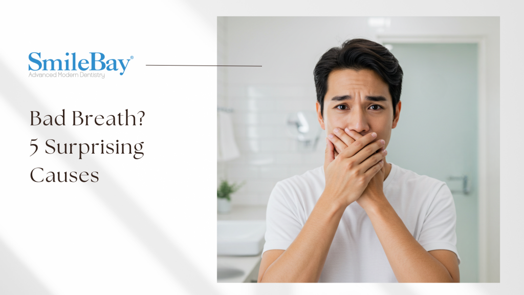 Concerned man covering his mouth due to bad breath in a bathroom setting