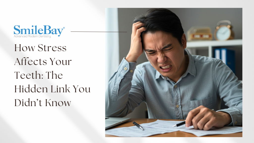 Stressed man clenching jaw in pain while working at desk, showing signs of stress-related tooth issues