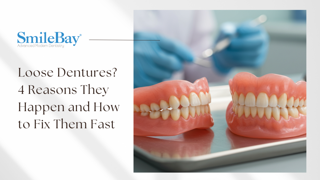 Full upper and lower dentures displayed on a metal tray with a gloved dentist in the background, representing issues like loose-fitting dentures and how SmileBay Dental in Penang can help.