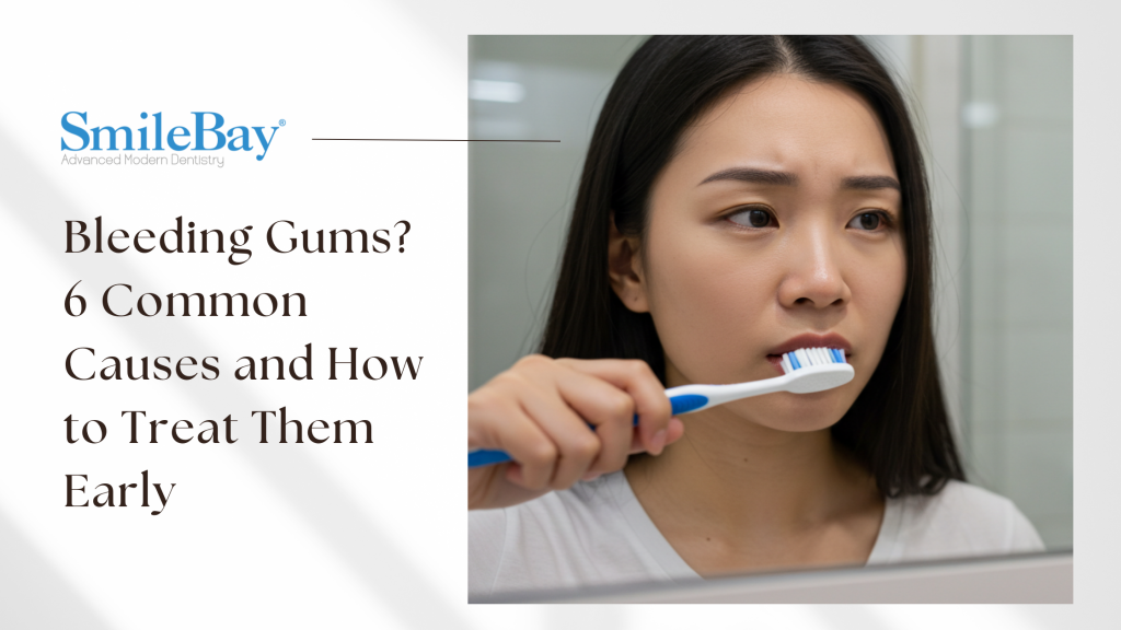 Girl looking at a mirror while brushing her teeth, looking concern